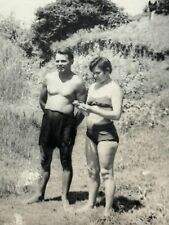1950s Shirtless Guy Trunks Bulge Gay int Woman Bikini Beach Vintage B&W Photo picture