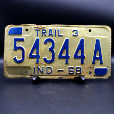 1968 Indiana 54344A Trail 3 License Plate Expired Car Trailer Tag White Blue picture