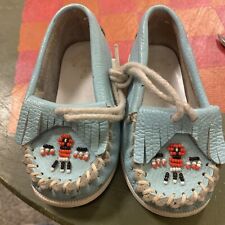 Vintage leather beaded Native American moccasins Turquoise Blue picture
