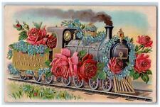 1909 Birthday Greetings Railroad Train Flowers Embossed Posted Antique Postcard picture