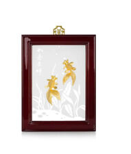 Risis Gold Fish Tableau 24k Gold Plated Framed Glass Vintage Chinese Asian picture