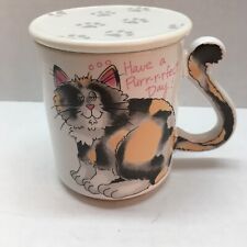 Vintage Cat Coffee Mug Cup w/ Tail Handle+Lid Have a Purr-r-rfect Day Japan 1989 picture