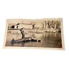 1940s B&W Photo Man Ice Skating Fell Frozen Lake Building in Back Snapshot Humor picture