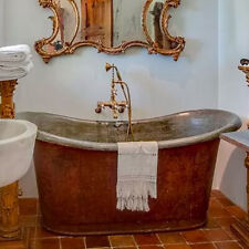 1825 Antique French Patinated Copper Double-End Bateau Bathtub and Brass Faucet picture