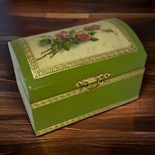 Painted Wood Trinket Box Folk Art Hand Dome Top Green Gold Floral Design Vtg picture