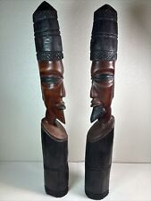 Pair of African Hand Carved Wood Figural Man & Woman Sculptures 19” Tall picture
