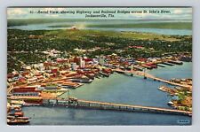 Jacksonville FL-Florida, Aerial Highway And Railroad Bridges, Vintage Postcard picture