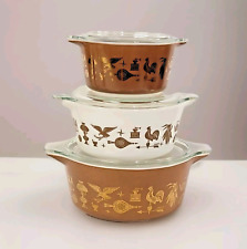 VTG PYREX Early American Casserole 6 pc Set 22kt Gold Brown White 60s 70s picture