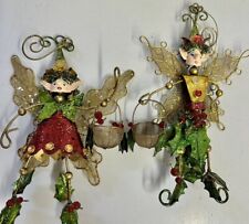 Vintage Set of 2 Metal Elf Pixies Fairy Wings Christmas Ornaments Rare Decor picture