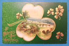 St. Patrick's Day Postcard Exc ~ Winsch Beautiful Silk Shamrock with Irish Scene picture