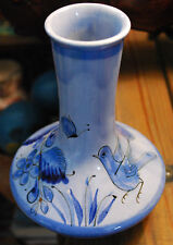 Vintage SIGNED Tonala Mexico Art Pottery BLUE BIRD & BUTTERFLY Vase Gourd Shape picture
