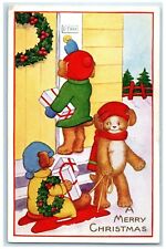 c1910's Merry Christmas Bears Delivering Gifts Winter Scene Embossed Postcard picture