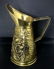 Vintage 8” Brass Pitcher w/ Embossed Old English Tavern Scene; Made in England picture
