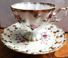 Vintage Pink Rose Porcelain Lustre Footed Teacup Reticulated Saucer Gold Trim picture