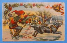 Vintage C. 1908 CHRISTMAS Postcard ~ Skating Children ~ Dog Pulling Boy picture