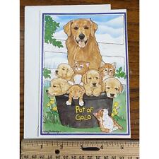 Vtg Pot of Golden Retriever Puppy Dog Ginger Orange Kitty Blank Greeting Card picture
