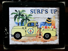Surf's Up Beach Truck Peace Hippie Farmhouse Wooden Block Shelf Sitter 3.5X4.5 picture