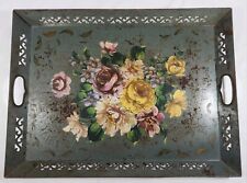 Antique Tole Hand Painted Large Floral Decorative Primitive Tray 21.5