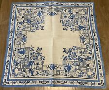 Vintage Small Square Tablecloth, Linen, White & Blue, Printed Japanese Design picture