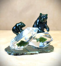 RARE 80s Carved Nephrite Jade & Cut Glass Sculpture Polar Bear & Cub Ice Fishing picture