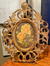 Victorian Cast Iron Picture Frame Ornate Antique Gilt Metal w/Glass 11.25