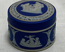 Wedgwood Cobalt Trinket Box Jasper Ware Cupids Cherubs Antique Round Lidded Dish picture