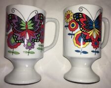 VTG Lot Of 2 Coffee Cup Mug Butterfly Psychedelic White Pedestal Japan 1970s picture