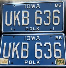 Pair 1986 Polk County Iowa License Plate Blue and White 1993 Sticker Raised Font picture