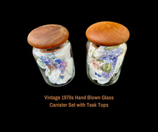2 Small Vintage Hand Blown Glass Canisters Teak Wood Tops Danish Modern Design picture