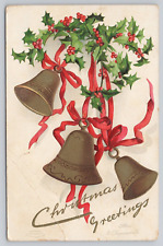 Vtg Post Card Christmas Greetings Bells & Mistletoe Ellen H. Clapsaddle F142 picture