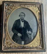 1850-1860s Ambrotype 1/6th Plate Man Seated at Table with Half Leatherette Case picture