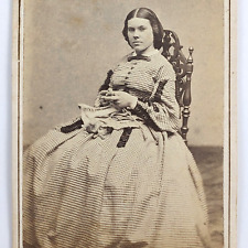 1860s CDV Photo Woman Knitting Patterned Victorian Dress Boston Massachusetts picture