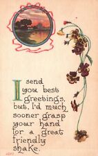 Vintage Postcard Greetings Card Sunset Landscape Pansies Messages Wishes picture