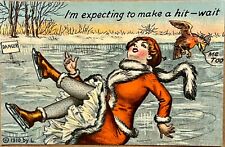 Woman Falling on Ice Skating Pond Funny Bird Vintage Comic Humor Postcard 1910 picture