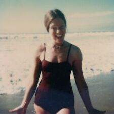 Vintage Polaroid Photo Cute Happy Lady Swim Suit Ocean Beach Found Art Snapshot picture