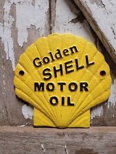 VINTAGE GOLDEN SHELL MOTOR OIL SIGN CAST IRON METAL ADVERTISING GAS STATION OIL picture