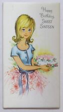 Vtg Retro Sweet Sixteen 16 Birthday Card-PRETTY GIRL WITH CAKE PRINTED ON SATIN picture