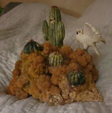 25.8lb Huge Vintage Coral,Alabaster, & Nephrite Owl & Cactus Sculpture 12x11x8in picture