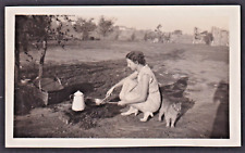 Old Photo c 1940's Tabby Cat Woman Cooking Grill Pit Coffee Pot Picnic Basket picture