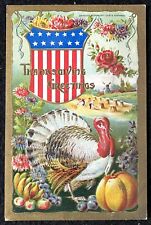 Vintage Postcard Thanksgiving Greetings Turkey Patriotic Shield Fall Harvest EX picture
