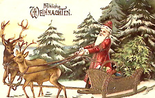c1910s Christmas Postcard Old World Germany Maroon Robed Santa has Gilt Sleigh picture