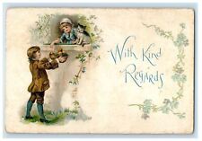 1908 Boy Offering Fruits Girl In Window Cat Newark New York NY Antique Postcard picture