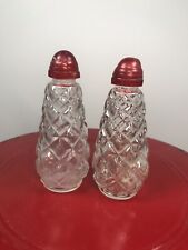 Vintage Salt and Pepper Shakers Clear Glass Diamond Shaped Pattern with Red Tops picture