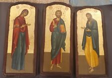THREE VINTAGE RUSSIAN BYZANTINE TALL DEESIS GOLD LEAF ICONS JESUS,  MARY, & JOHN picture