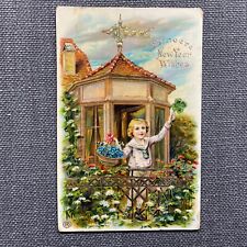 Antique Postcard New Year Greeting Germany Embossed Boy with Four Leaf Clover picture