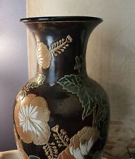 Vintage Majolica Style Vase With Handpainted Flowers And A Blackish Glaze And... picture