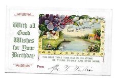 c. 1915 Postcard ~ Sweet Remembrance on Your Birthday ~ Pansies, River, Swans picture