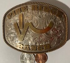 Vintage Metal Belt Buckle, Silver and Brass, Pine Ridge Ranch, Gary's Belt Buckl picture