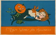Gibson Best Wishes For Halloween Postcard~Antique~JOL Scares Girl~Dk Blue~c1926 picture