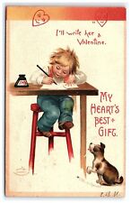 1908 My Heart's Best Gift Clapsaddle Postcard Valentine Ellen Boy Ink Pen Dog picture
